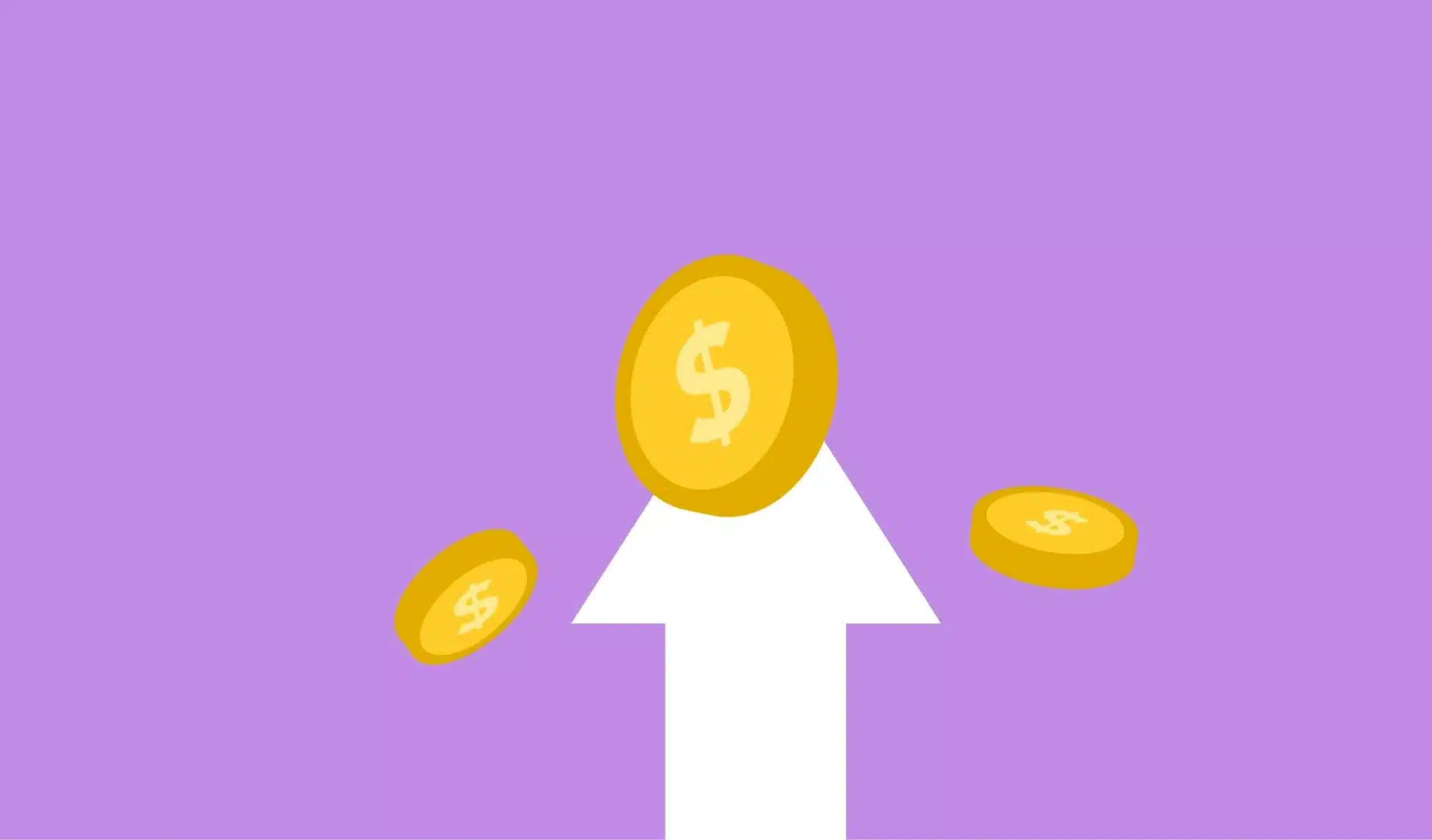 cutout paper composition of arrow and coins on purple background